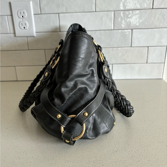 Samantha Vega Black Leather braided handle scalloped Shoulder Bag purse womens - Picture 4 of 10
